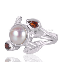 Granate y perlas de piedras preciosas 925 de plata de ley artesanal anillo de joyería